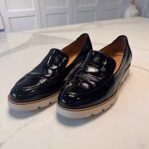 Vionic Patent Leather Black Loafers with Cream Soles